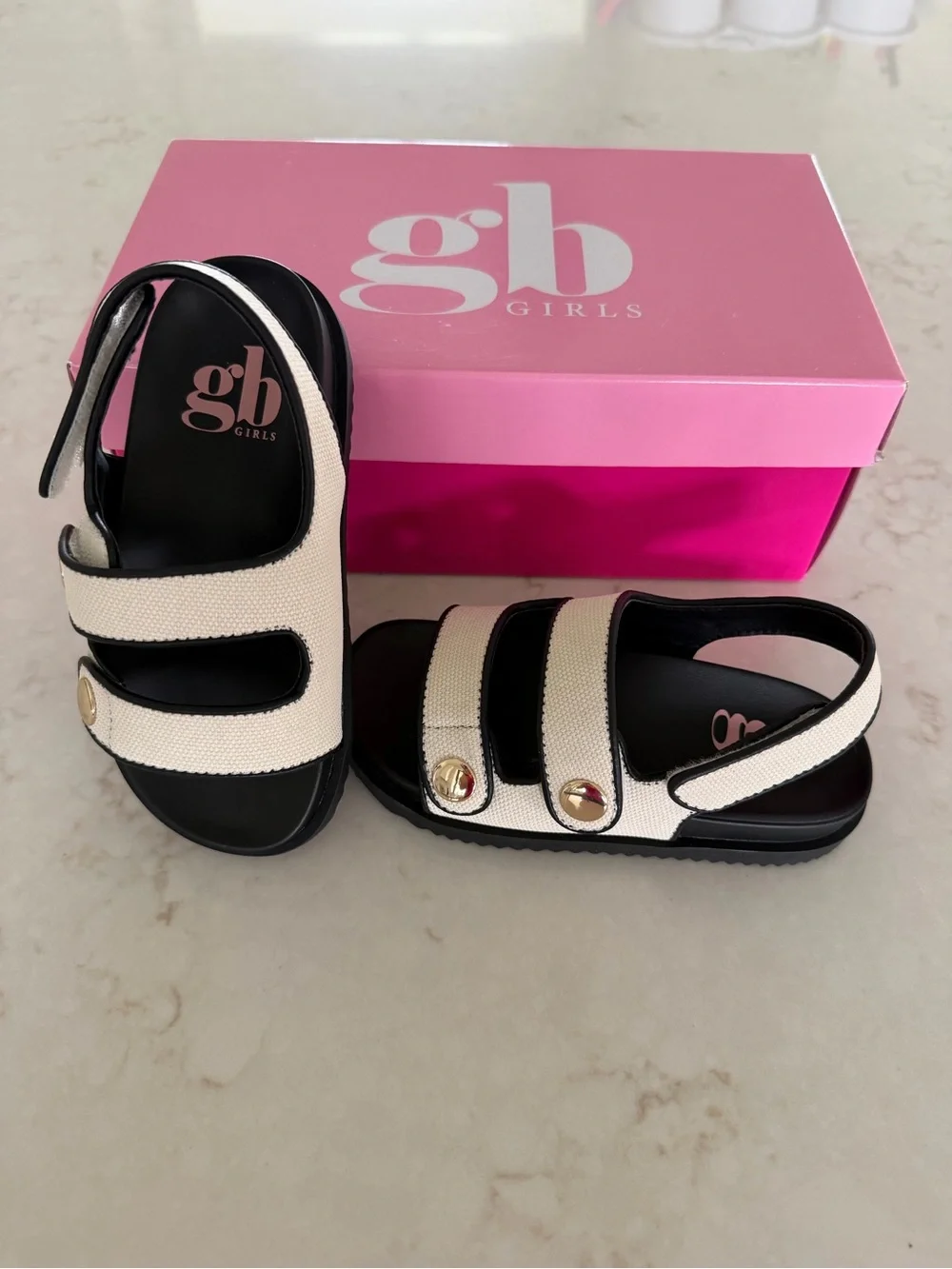 GB Toddler/Girls White Canvas Strap Sandals with Gold Accents Size 10T BWT